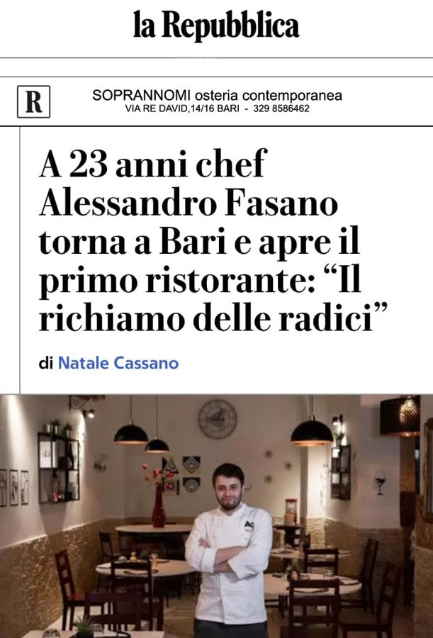 Articolo de La Repubblica su chef Alessandro Fasano: A 23 anni torna a Bari e apre il primo ristorante